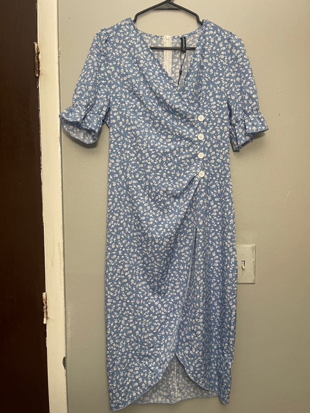 Light Blue Floral Wrap Midi Dress with Button Detail
